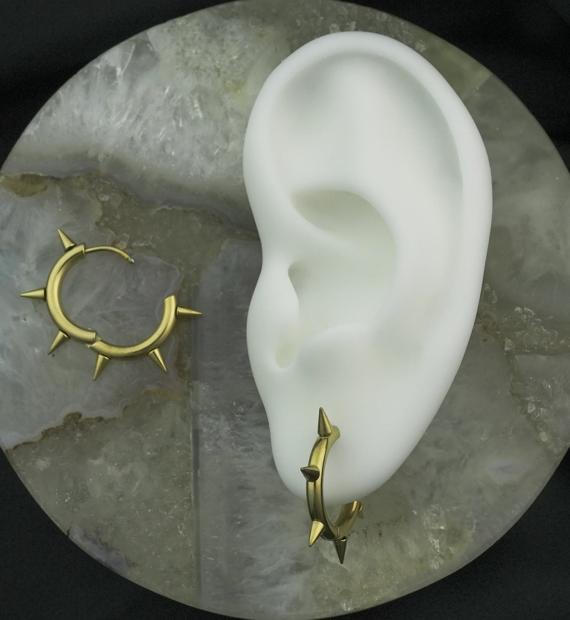 Gold PVD Spikes Stainless Steel Hinged Hoop Huggie Earrings - Image 2