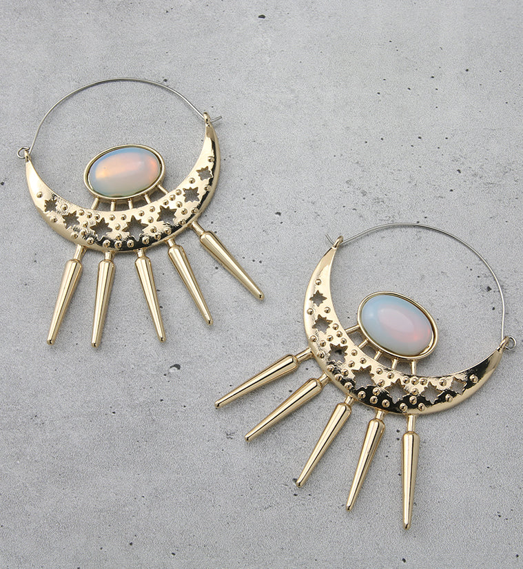 Gold PVD Press White Opalite Crescent Plug Hoops - Image 2