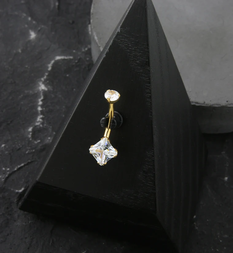 Gold PVD Square Clear CZ Internally Threaded Titanium Belly Button Ring - Image 2