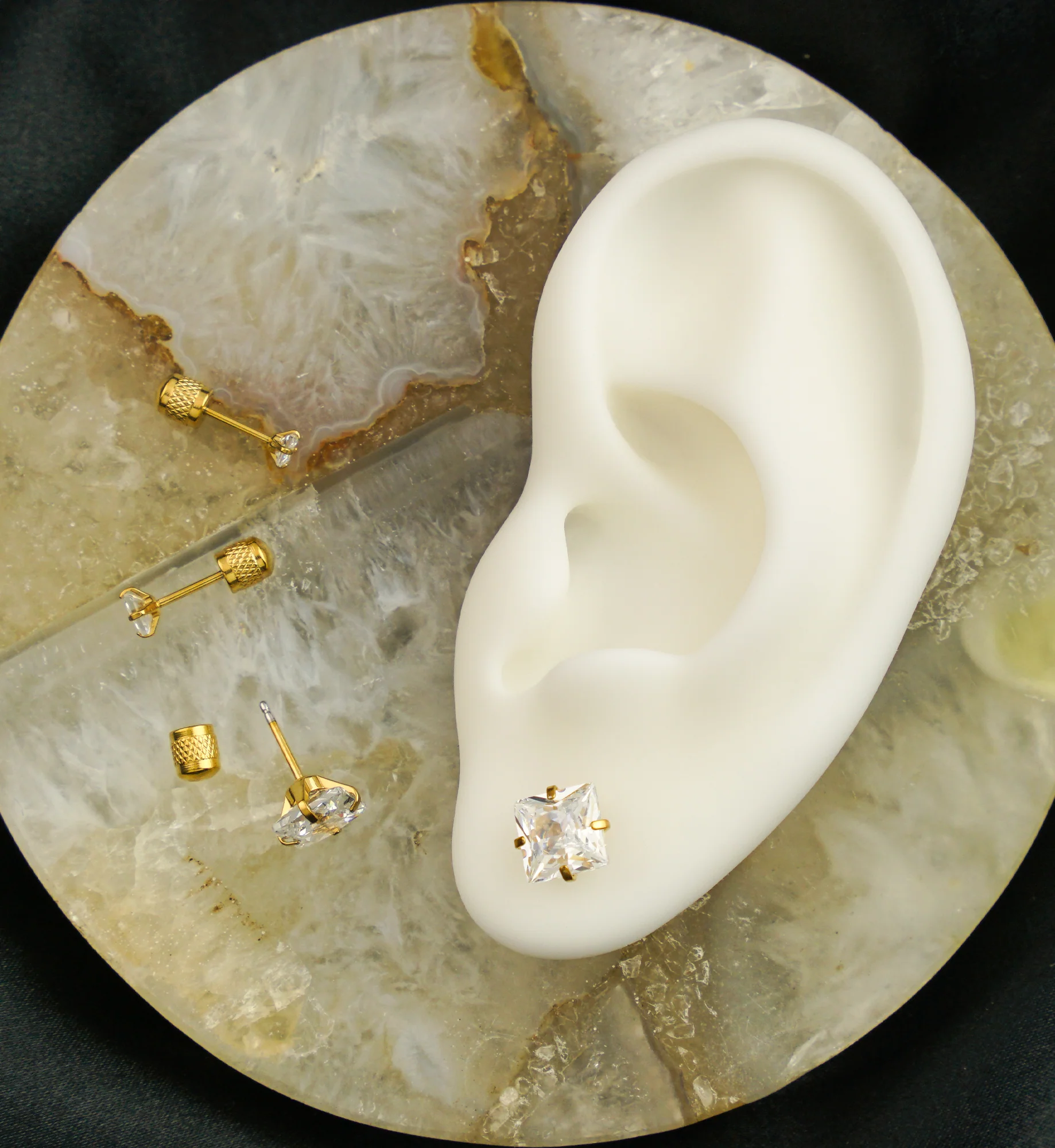 Gold PVD Square Clear CZ Stainless Steel Textured Cylinder Back Stud Earrings - Image 2