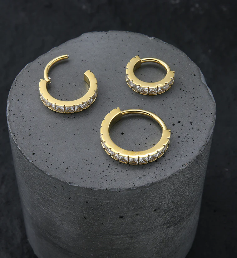 Gold PVD Square CZ Row Stainless Steel Hinged Segment Ring - Image 2