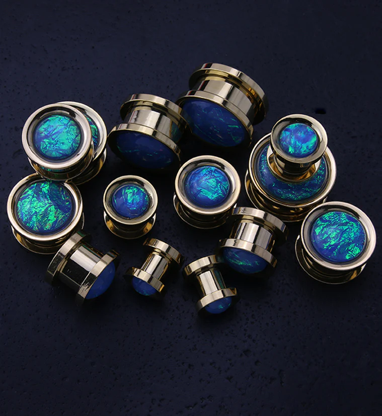 Gold PVD Stainless Steel Blue Opalite Plugs - Image 3