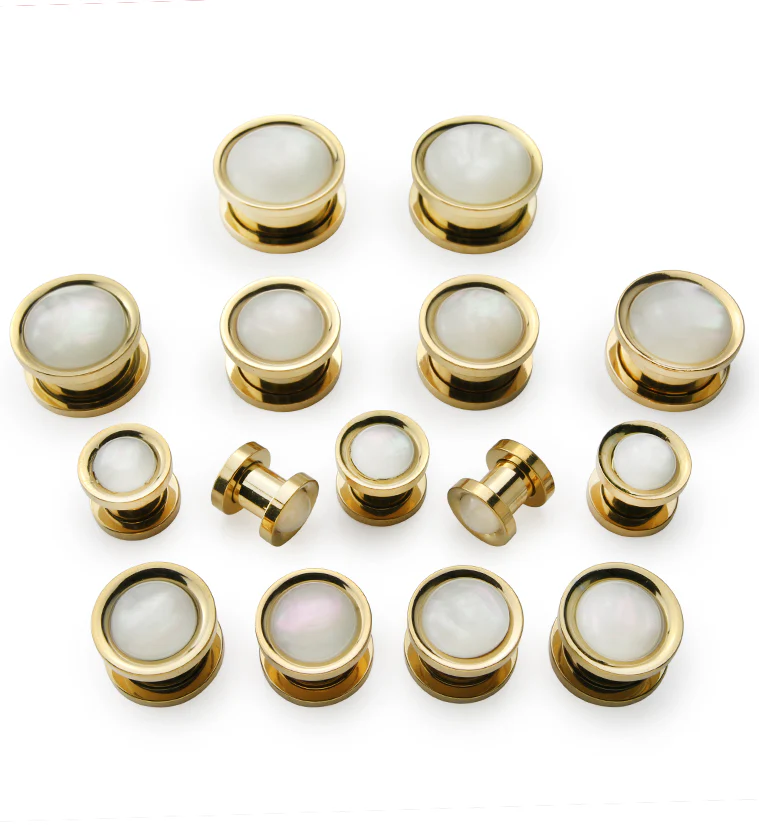 Gold PVD Stainless Steel White Mother of Pearl Plugs - Image 2