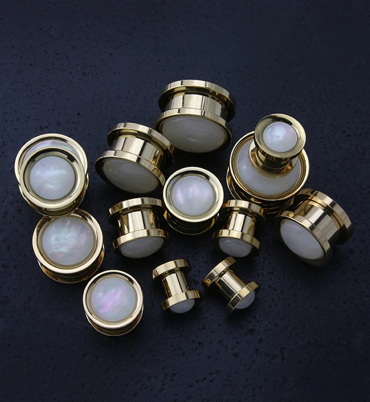 Gold PVD Stainless Steel White Mother of Pearl Plugs - Image 3