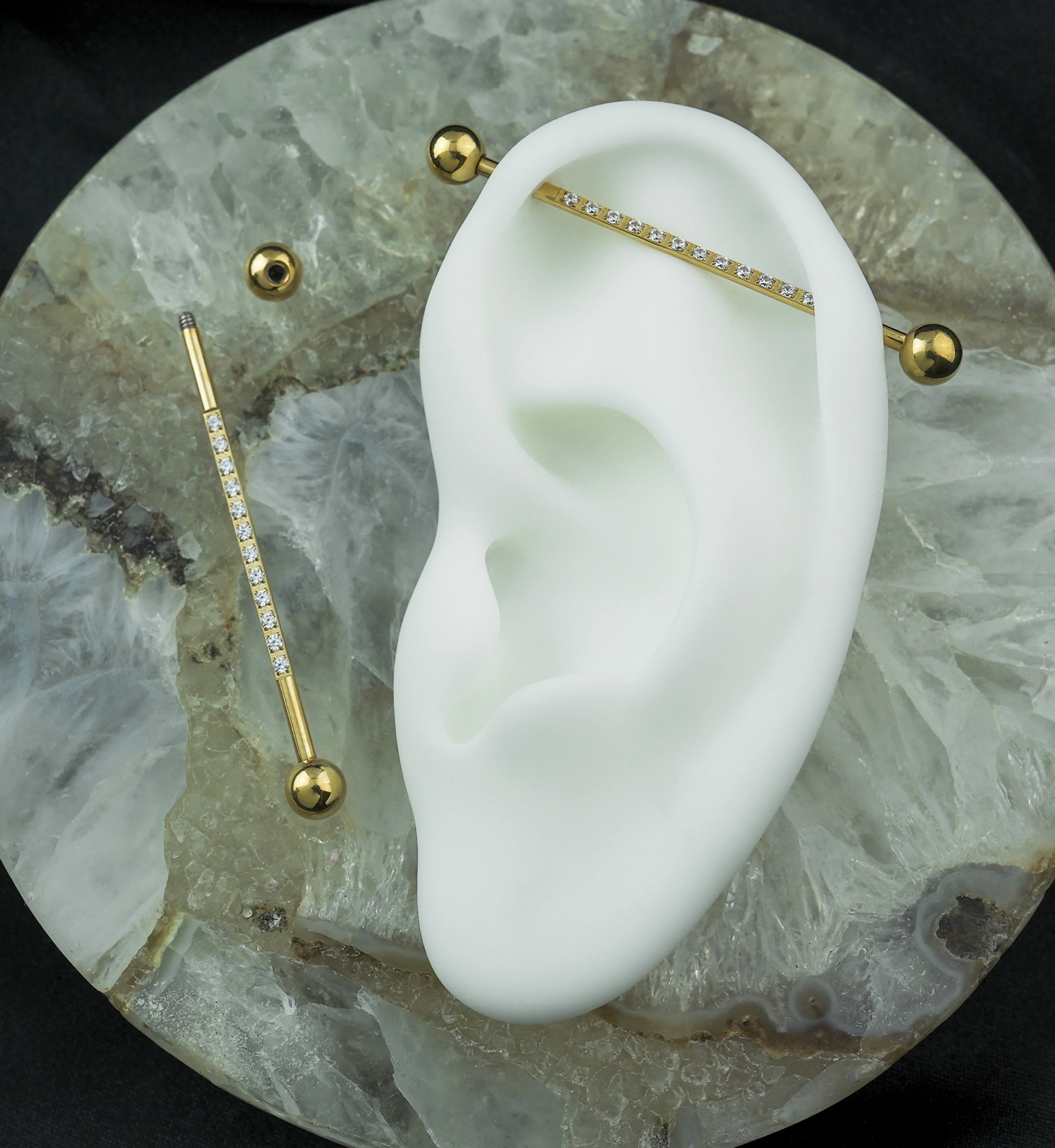 Gold PVD Stripe CZ Externally Threaded Titanium Industrial Barbell - Image 2