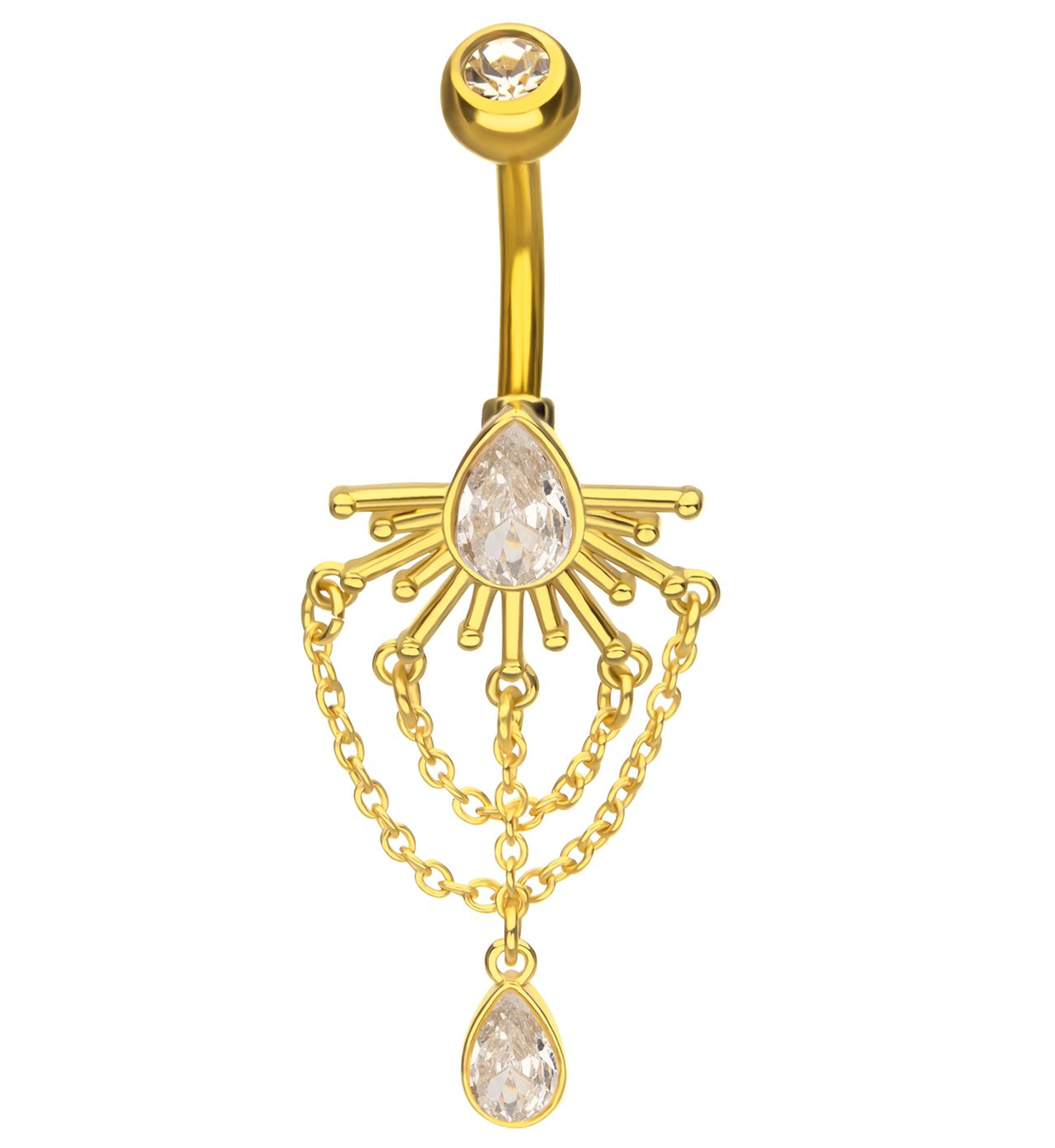 Gold PVD Sunrays Teardrop Clear CZ Dangle Chain Stainless Steel Belly Button Ring