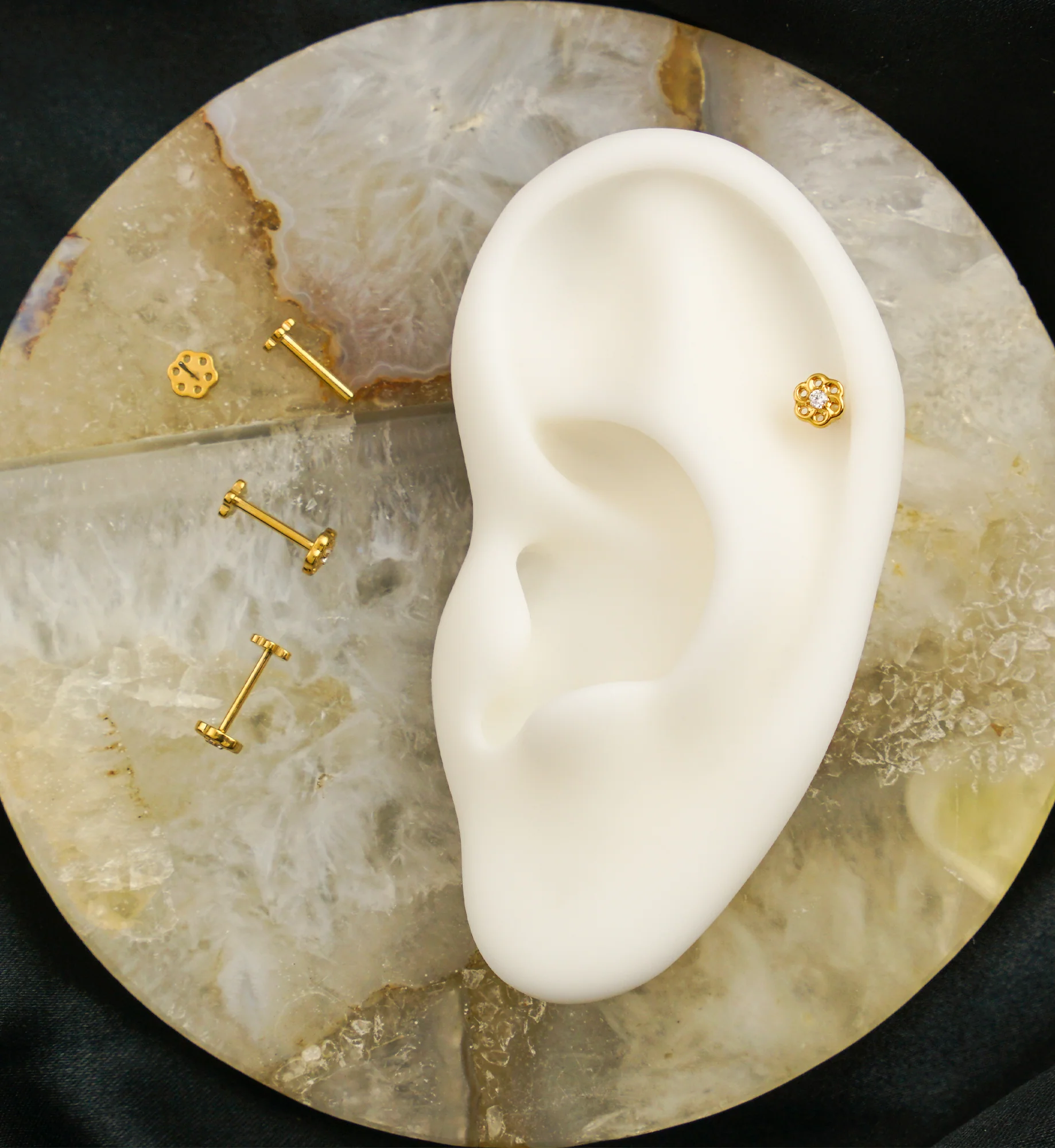 Gold PVD Swirling Flower Clear CZ Threadless Titanium Flower Back Labret - Image 2
