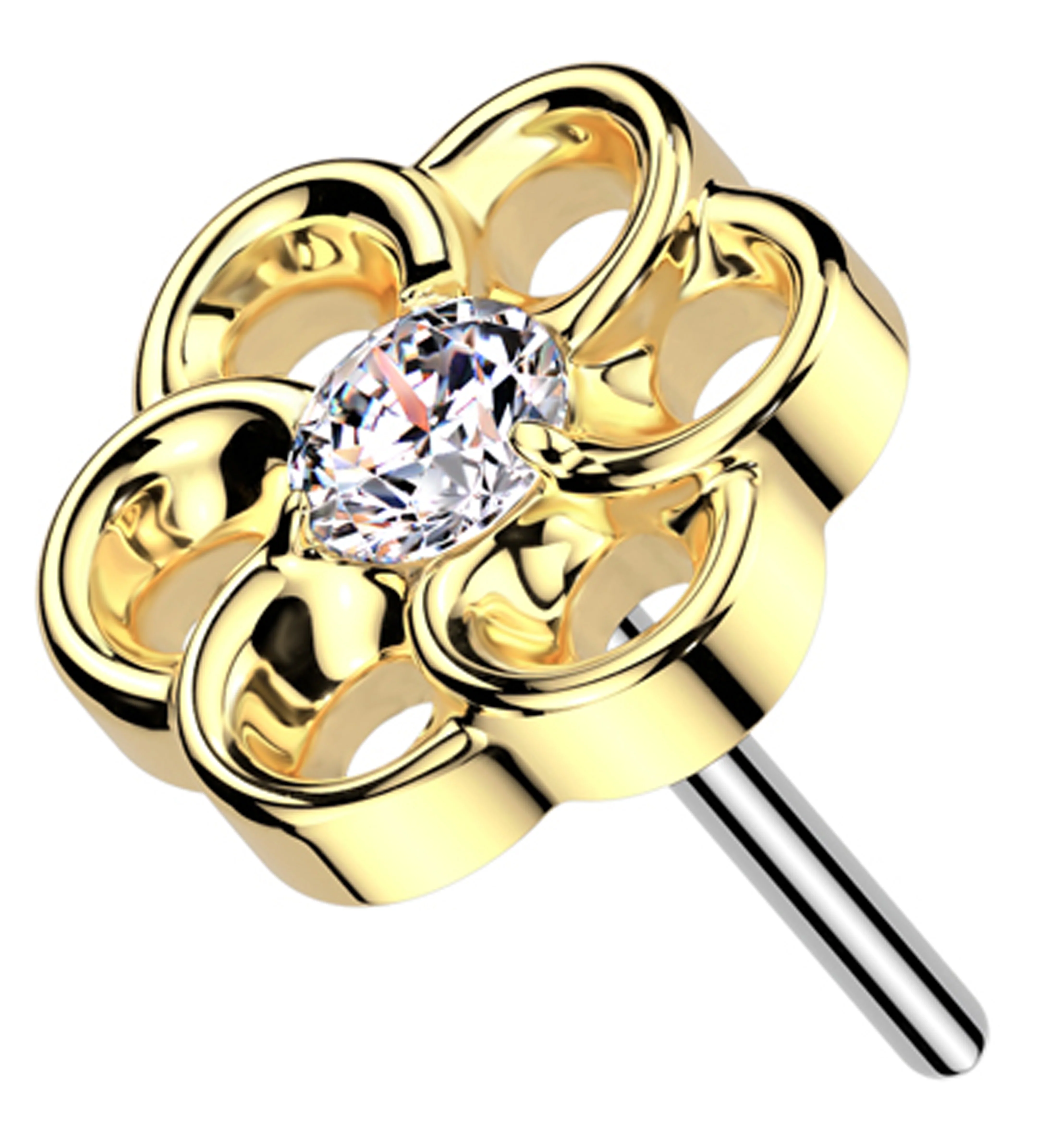 Gold PVD Roil Flower Clear CZ Threadless Titanium Top