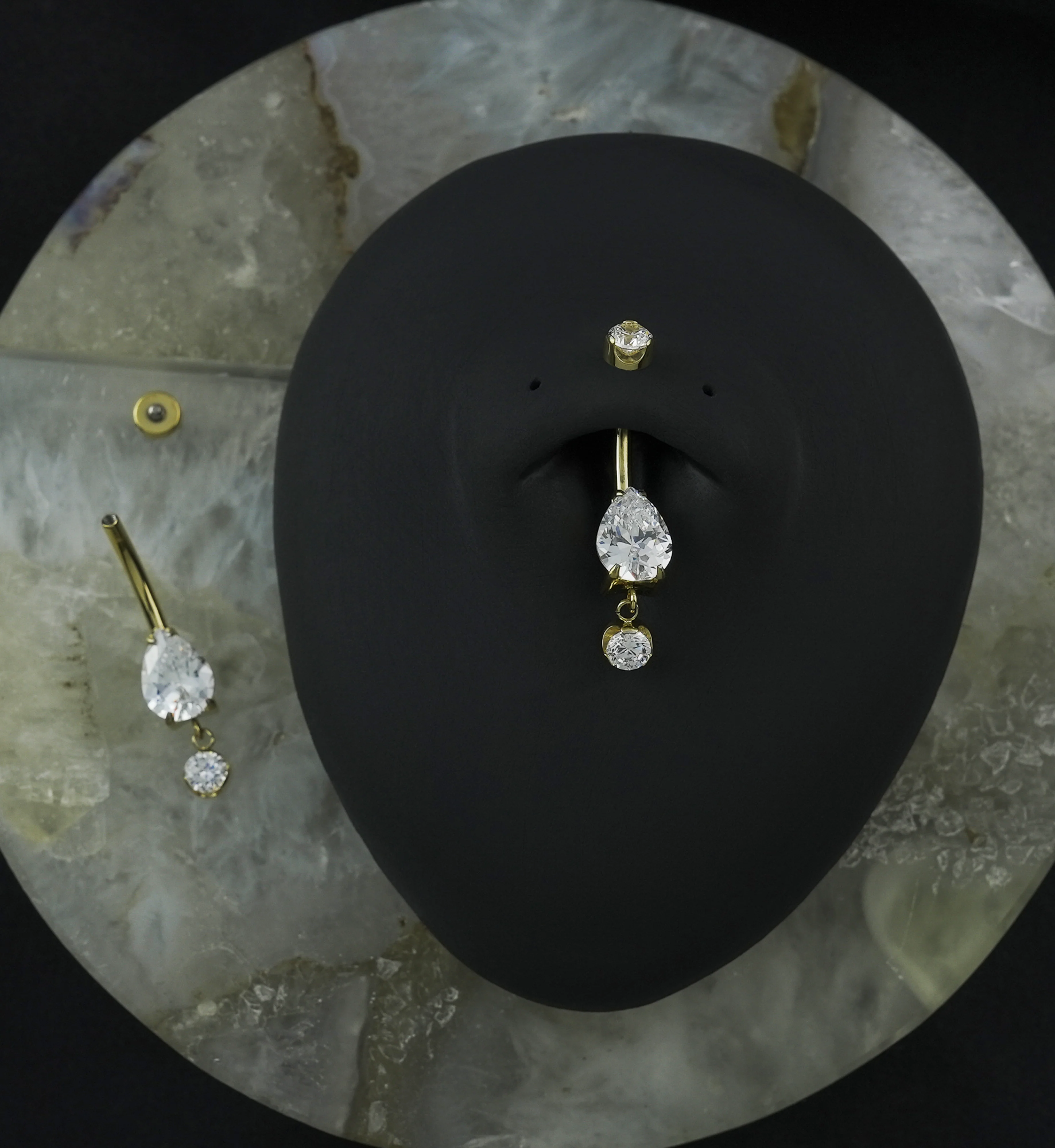 Gold PVD Teardrop Clear CZ Dangle Titanium Internally Threaded Belly Button Ring - Image 3