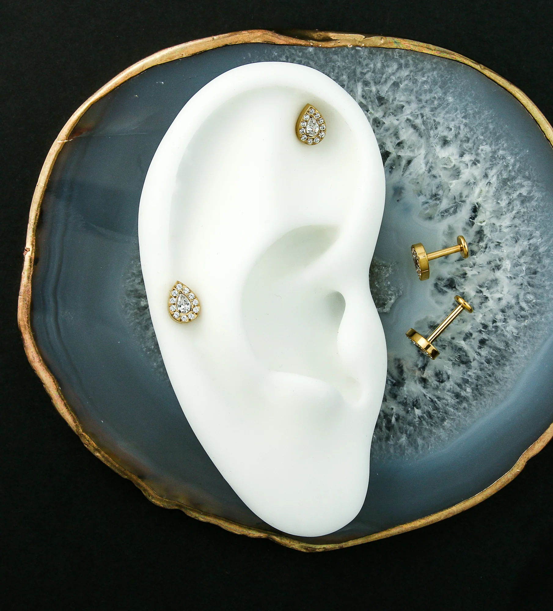 Gold PVD Teardrop Clear CZ Internally Threaded Titanium Labret - Image 2