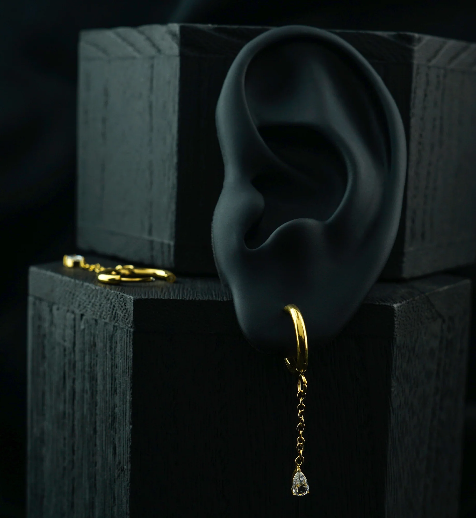Gold PVD Teardrop CZ Dangle Stainless Steel Hinged Hoop Huggie Earrings - Image 2