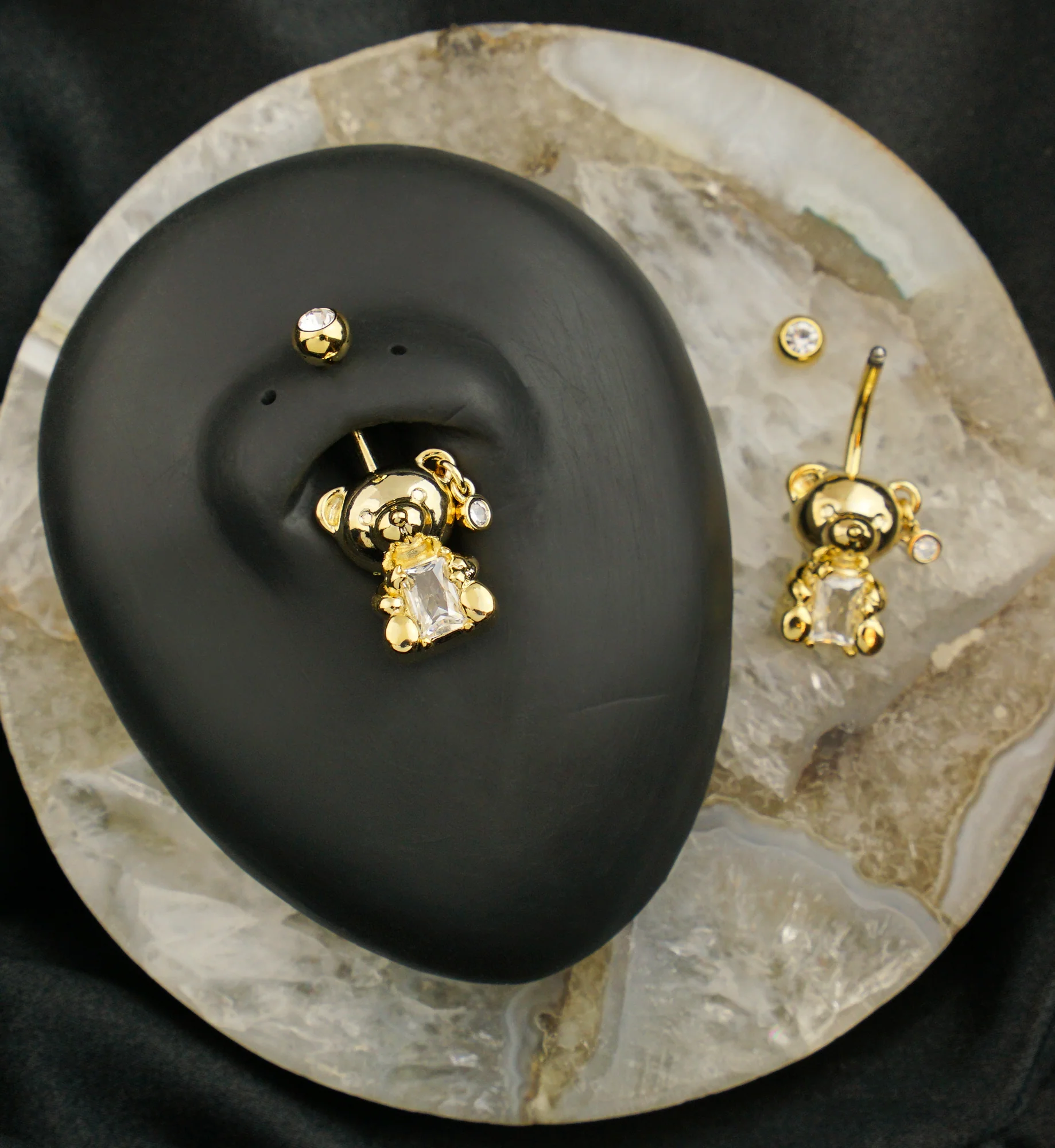 Gold PVD Teddy Bear Baguette Clear CZ Stainless Steel Belly Button Ring - Image 2