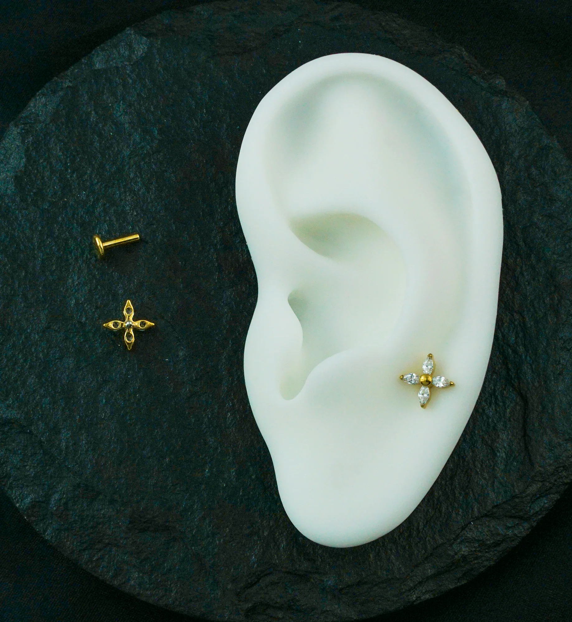 Gold PVD Tetrad Marquise Clear CZ Internally Threaded Titanium Labret - Image 2