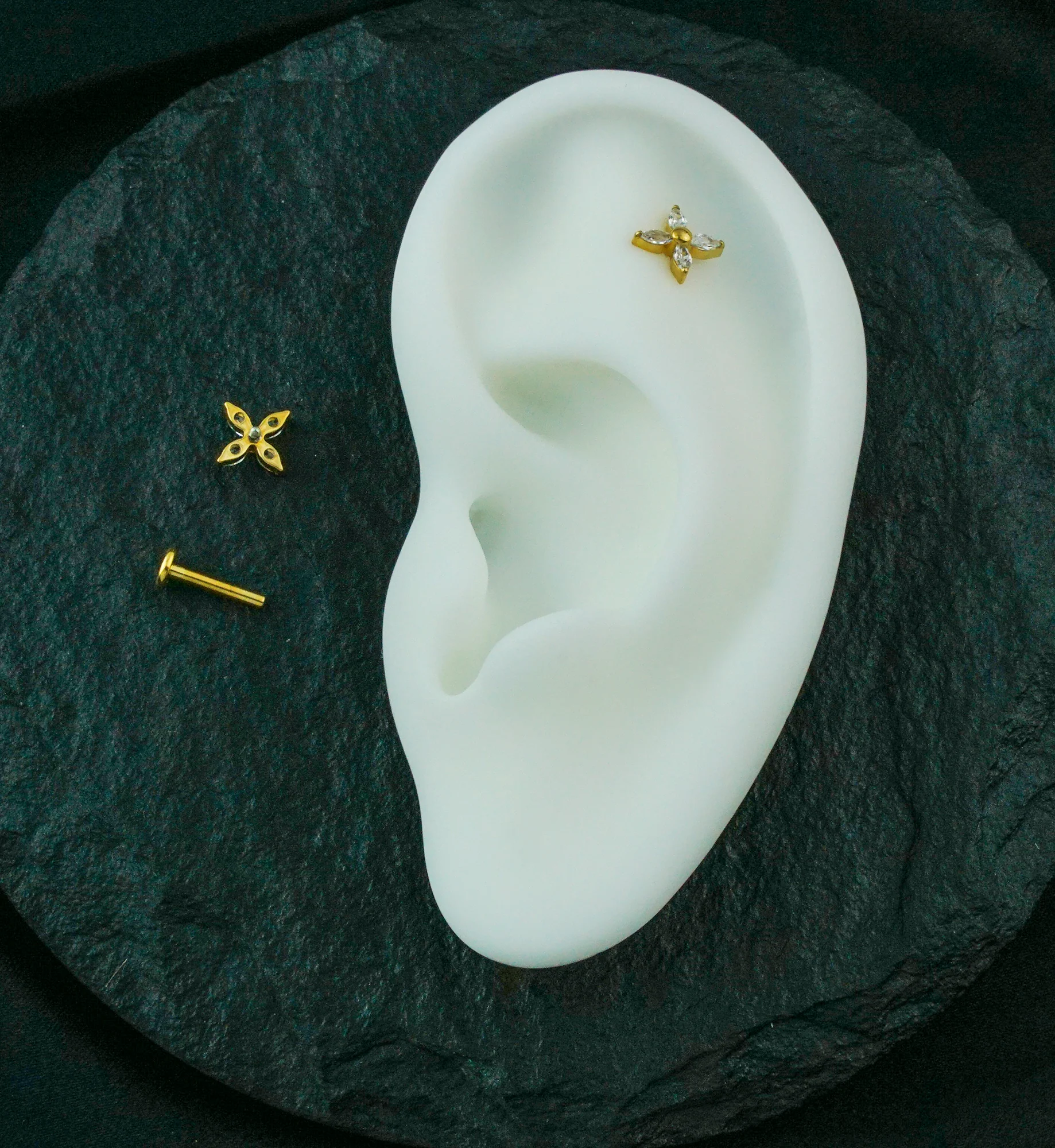 Gold PVD Tetrad Marquise Clear CZ Internally Threaded Titanium Labret - Image 3
