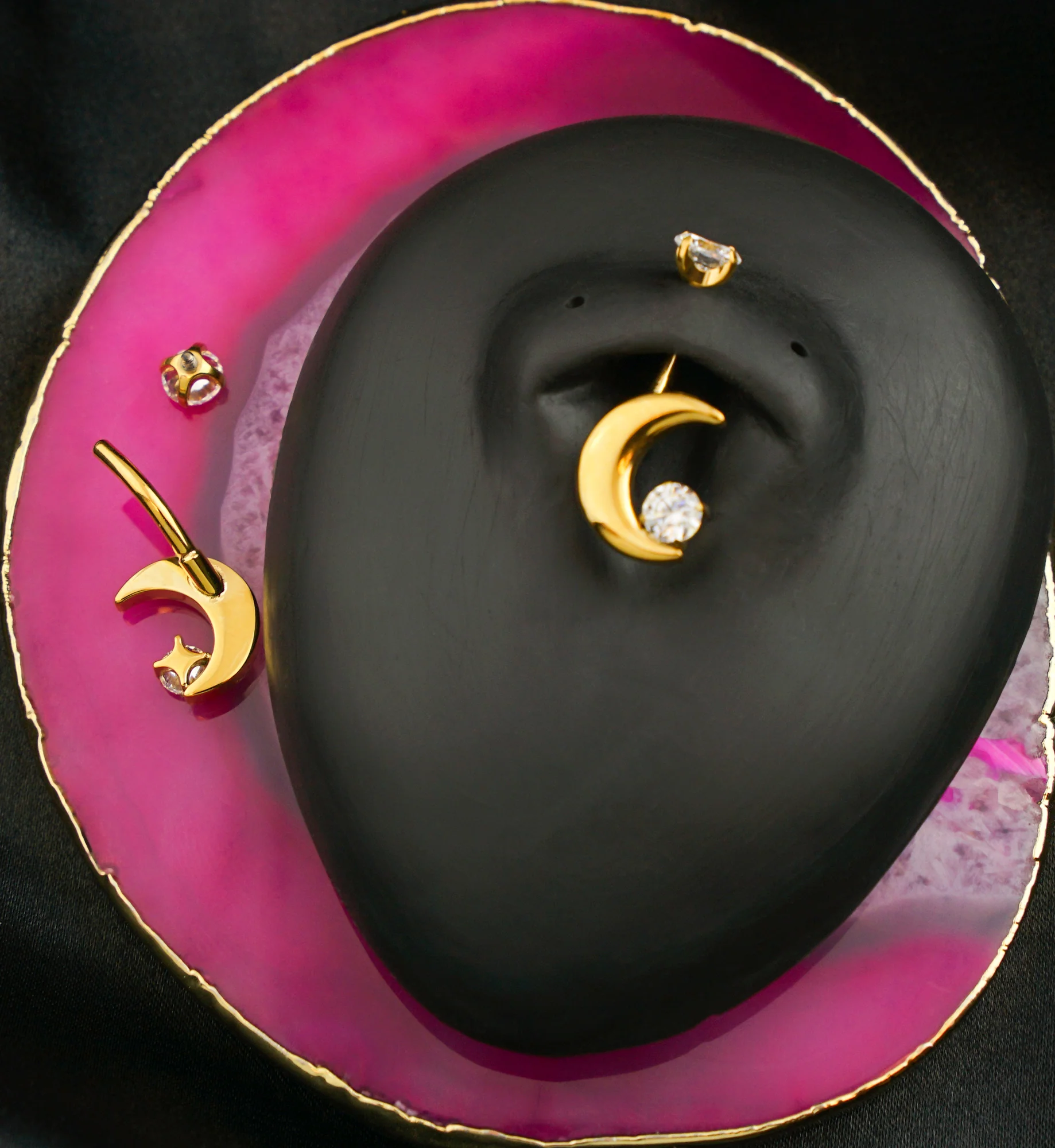 Gold PVD Thick Crescent Clear CZ Titanium Internally Threaded Belly Button Ring - Image 2