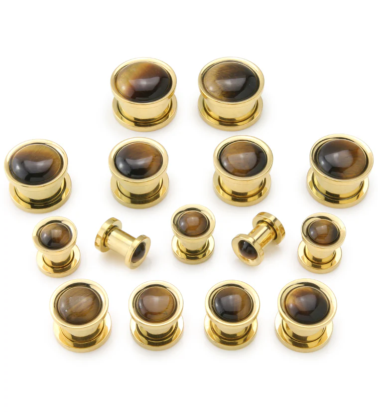 Gold PVD Tigers Eye Stone Stainless Steel Plugs - Image 2