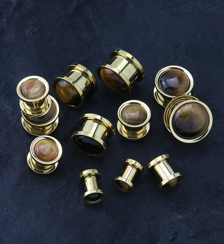 Gold PVD Tigers Eye Stone Stainless Steel Plugs - Image 3