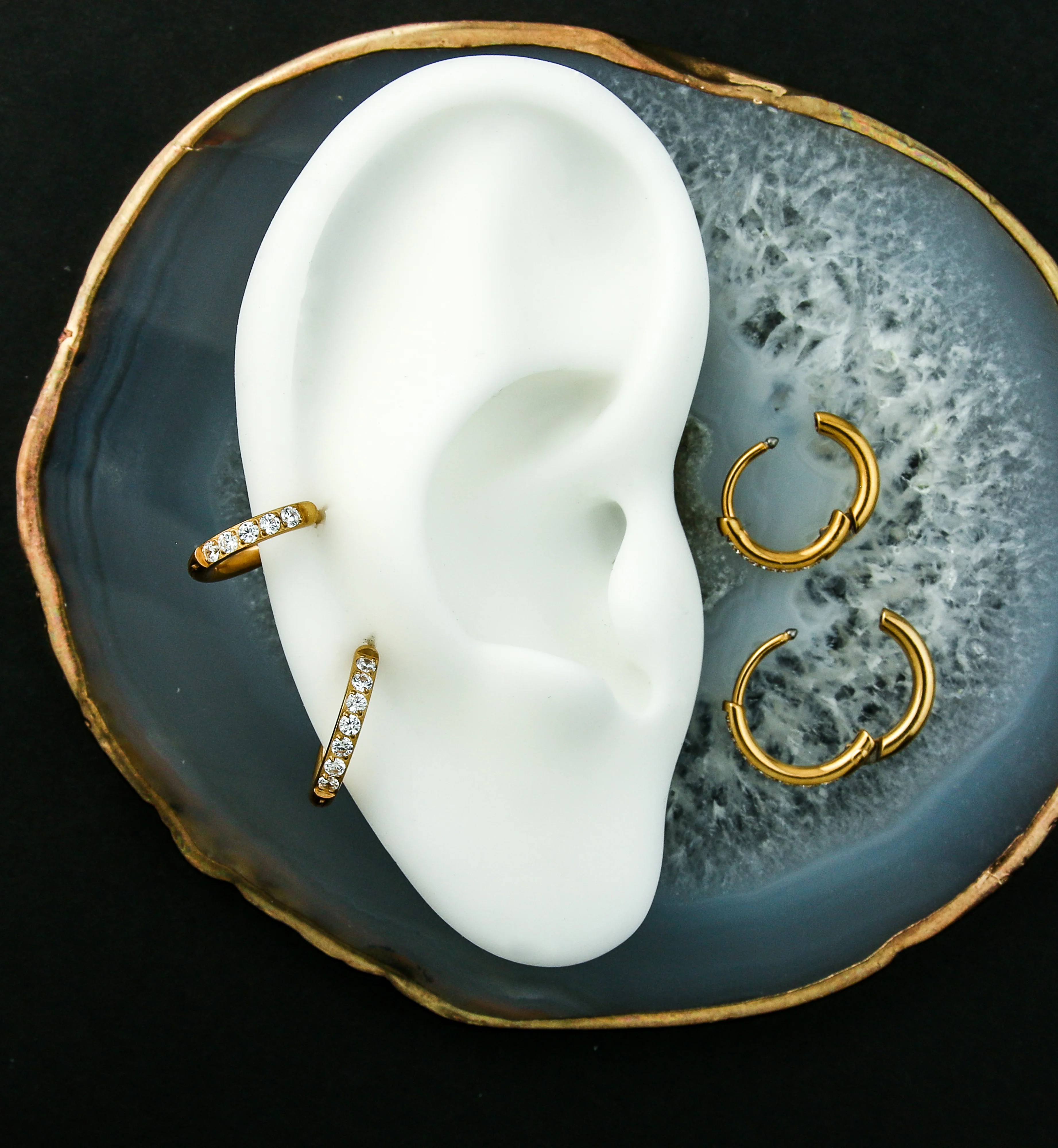 Gold PVD Titanium Clear CZ Hinged Hoop Huggie Earrings - Image 2