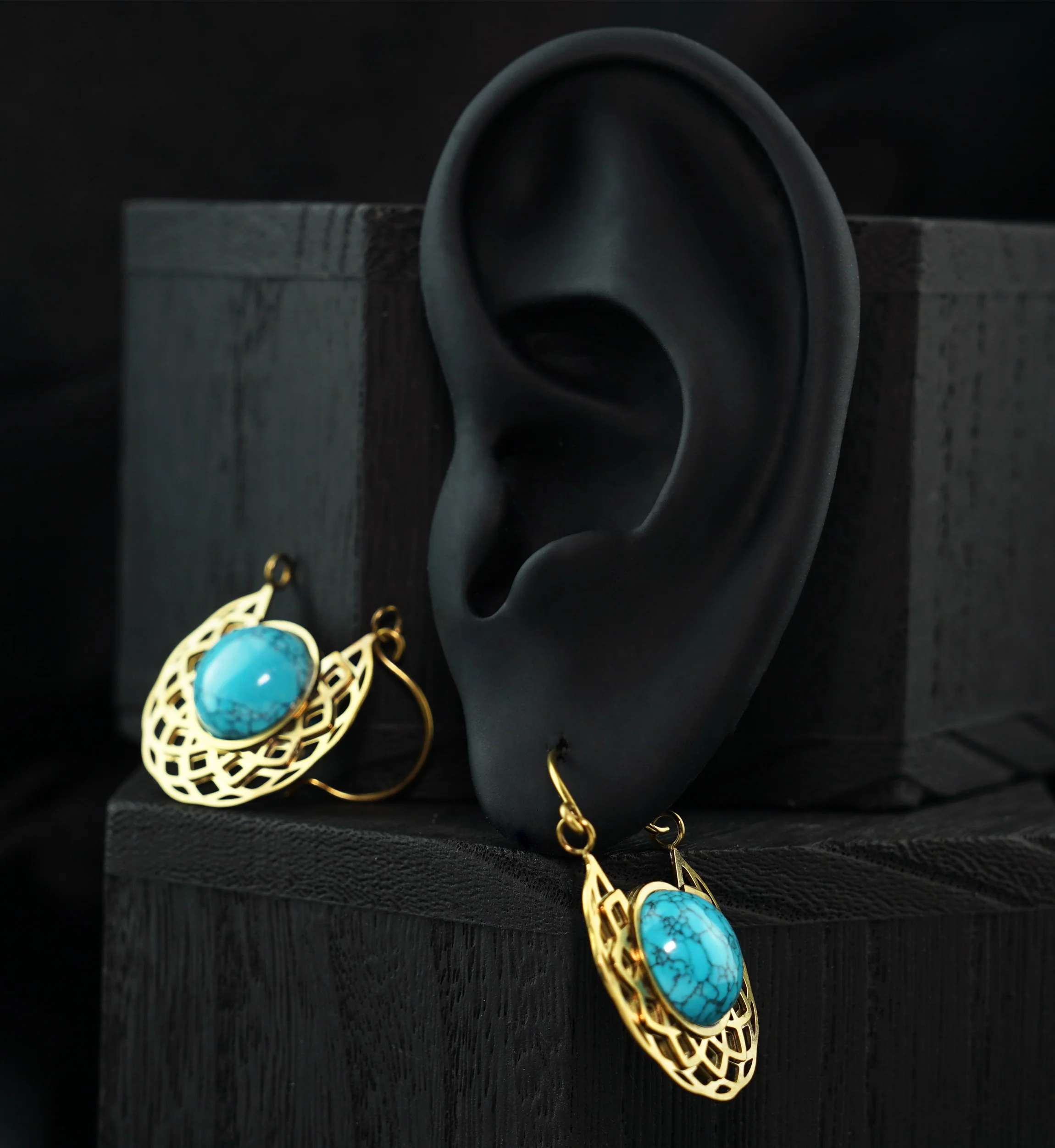 Gold PVD Torus Howlite Turquoise Stone Inlay Stainless Steel Earrings - Image 2