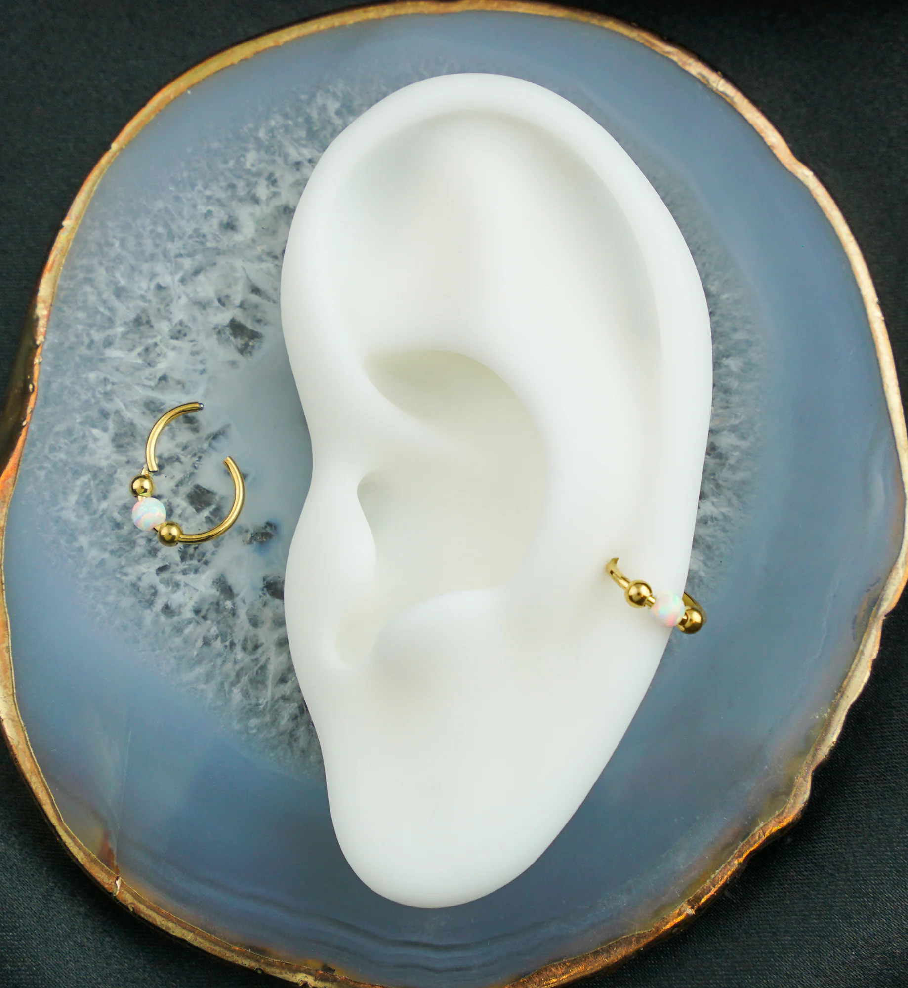 Gold PVD Tri-Ball White Opalite Titanium Hinged Segment Ring - Image 2