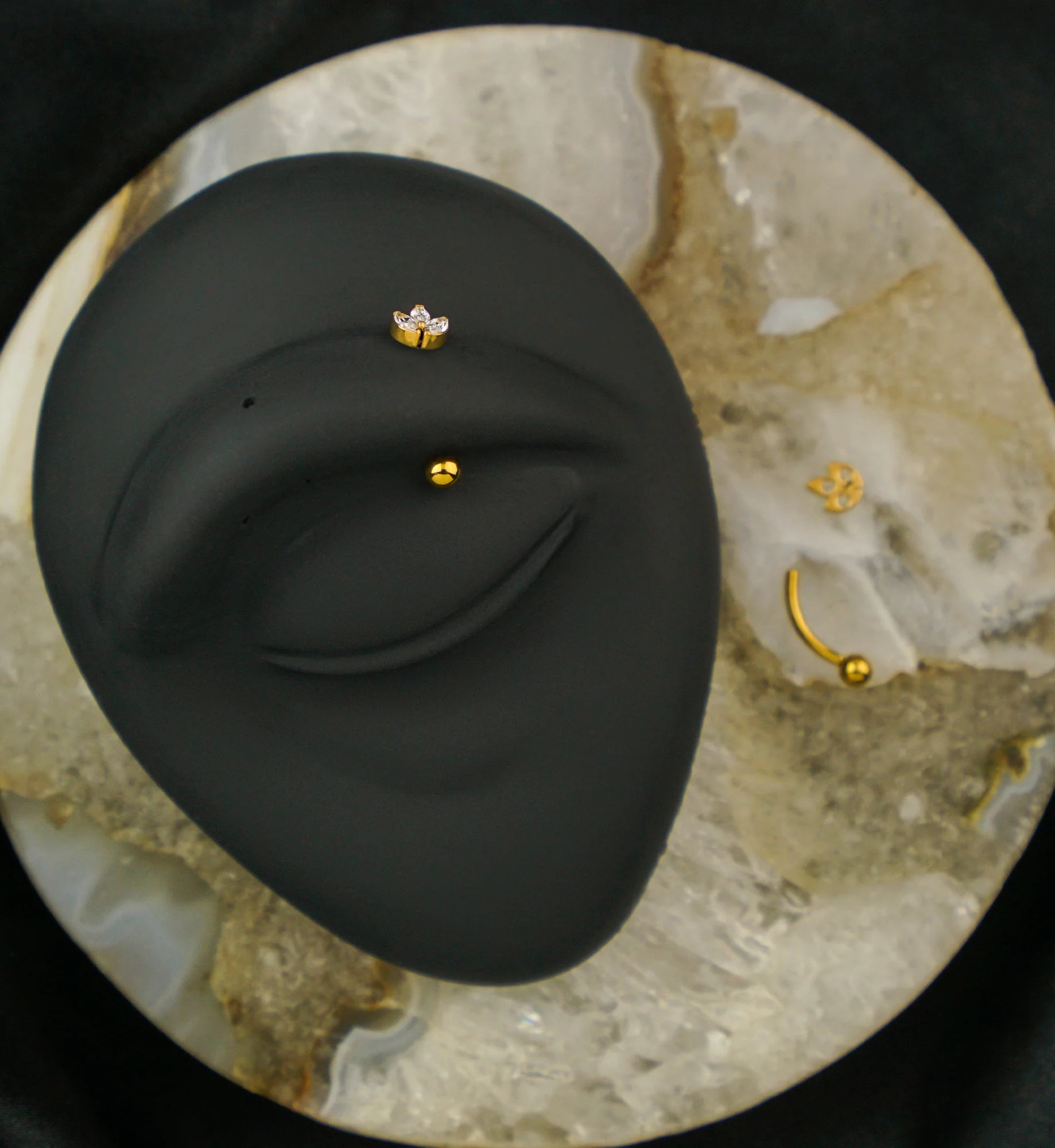 Gold PVD Tri Sepal Clear CZ Titanium Threadless Curved Barbell - Image 2