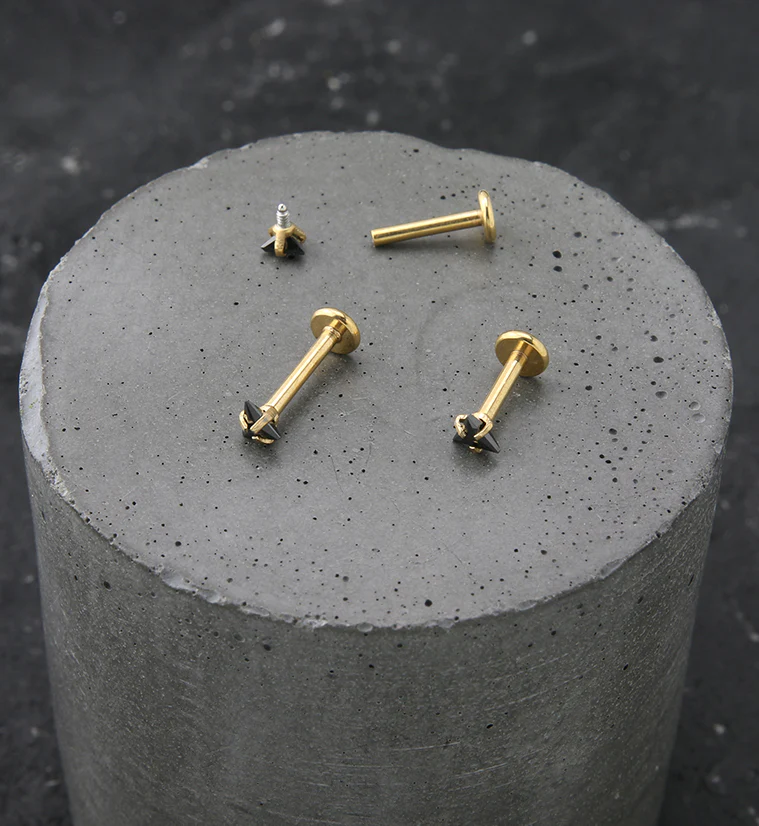 Gold PVD Triangle Black CZ Stainless Steel Internally Threaded Labret - Image 2