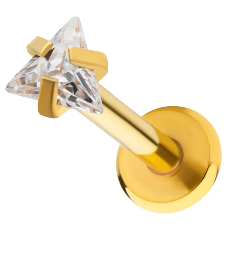 Gold PVD Triangle Clear CZ Stainless Steel Internally Threaded Labret