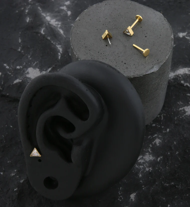 Gold PVD Triangle Clear CZ Threadless Titanium Labret - Image 2