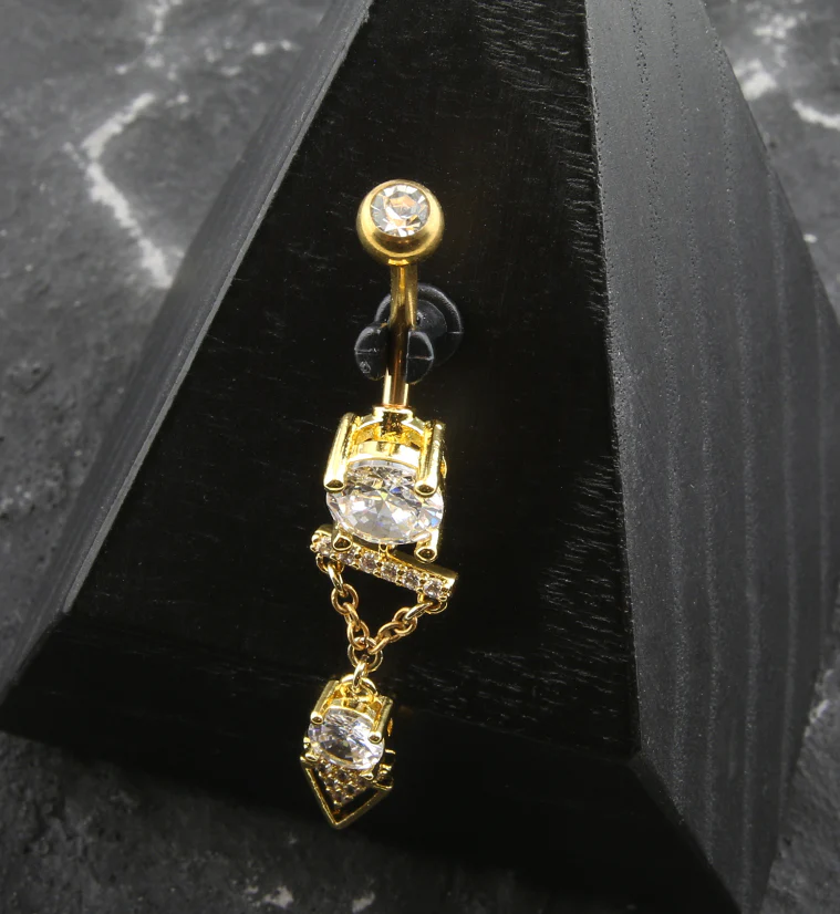 Gold PVD Triangle Descent Dangle Clear CZ Belly Button Ring - Image 2