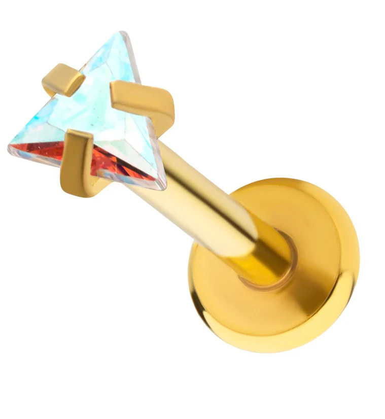 Triangle Rainbow Aurora CZ Gold PVD Stainless Steel Internally Threaded Labret