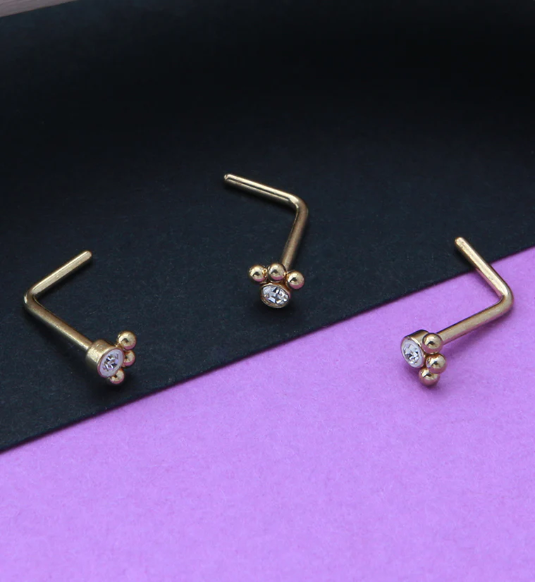 Gold PVD Triple Beaded Clear CZ L Bend Nose Stud - Image 2