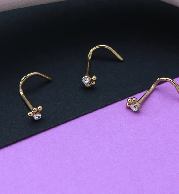 Gold PVD Triple Beaded Clear CZ Nose Screw Ring - Image 2