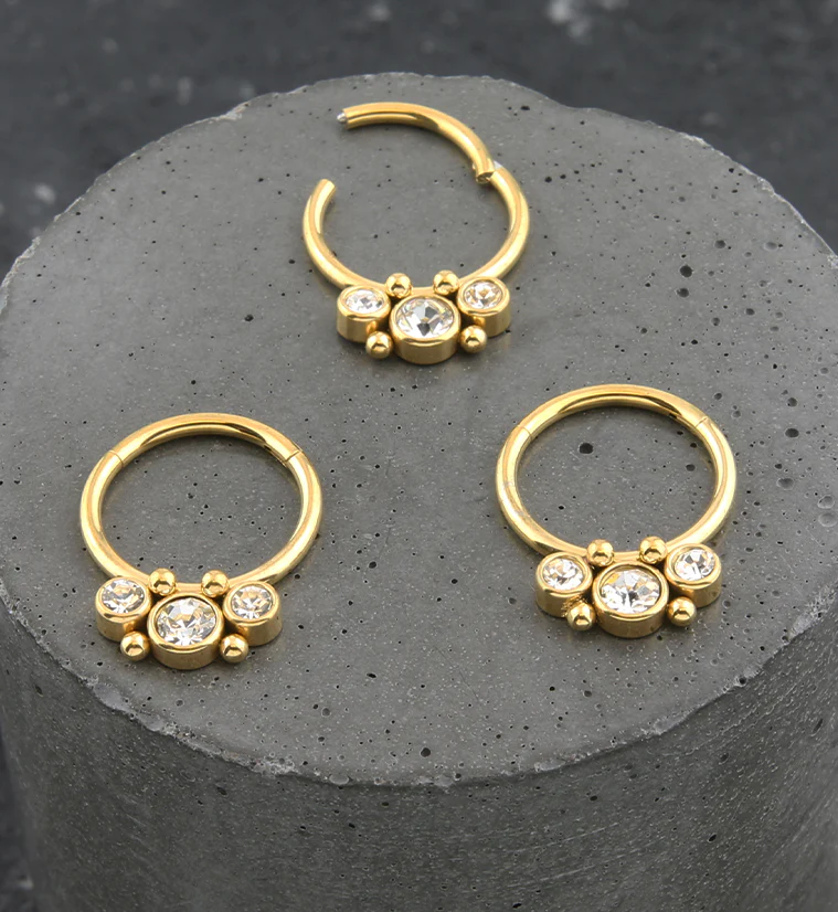 Gold PVD Triple Beaded Clear CZ Stainless Steel Hinged Segment Ring - Image 2