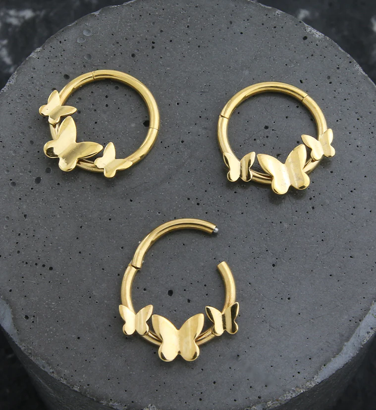 Gold PVD Triple Butterfly Stainless Steel Hinged Segment Ring - Image 2
