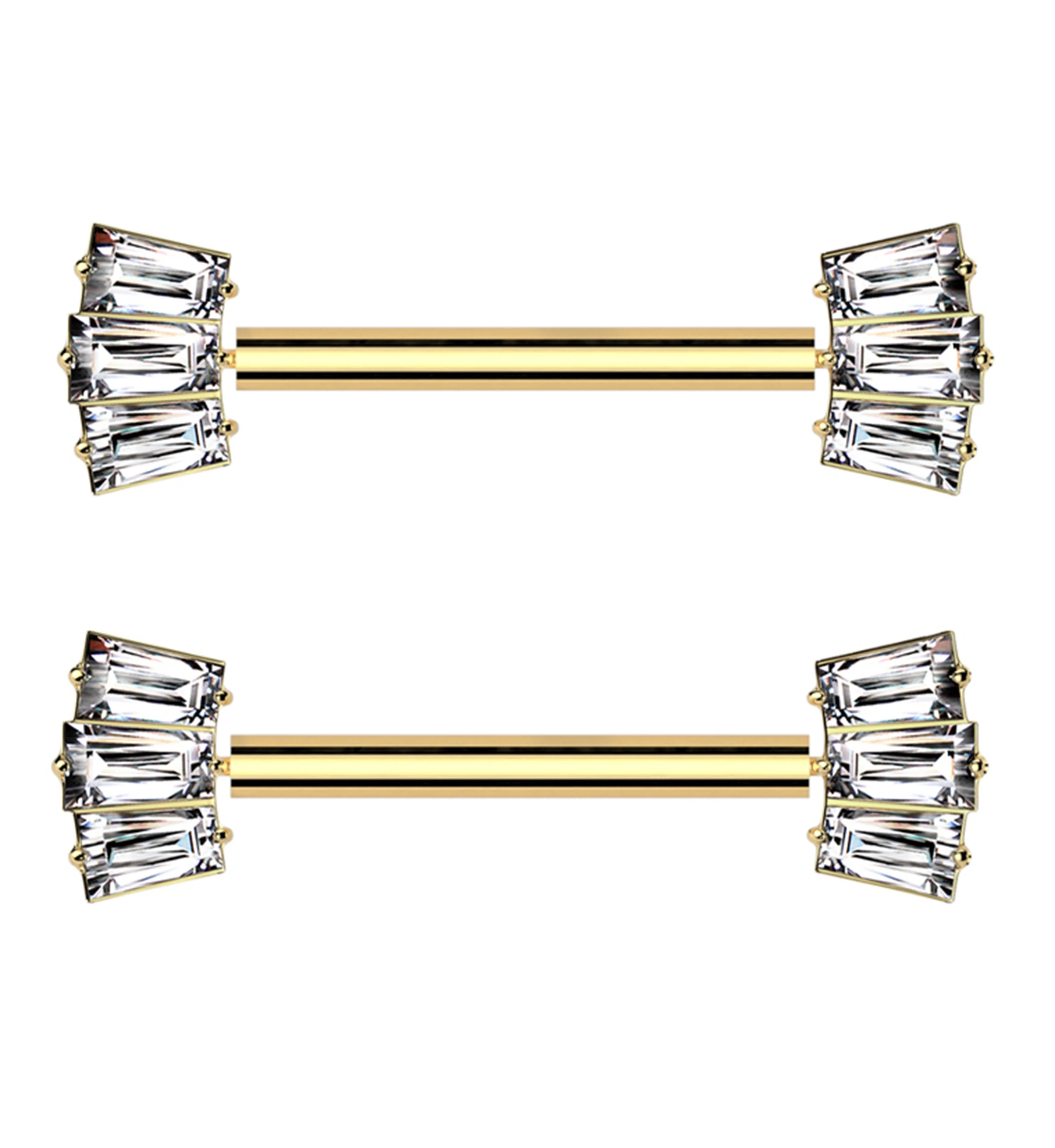Gold PVD Triple Clear Baguette Threadless Titanium Nipple Barbell