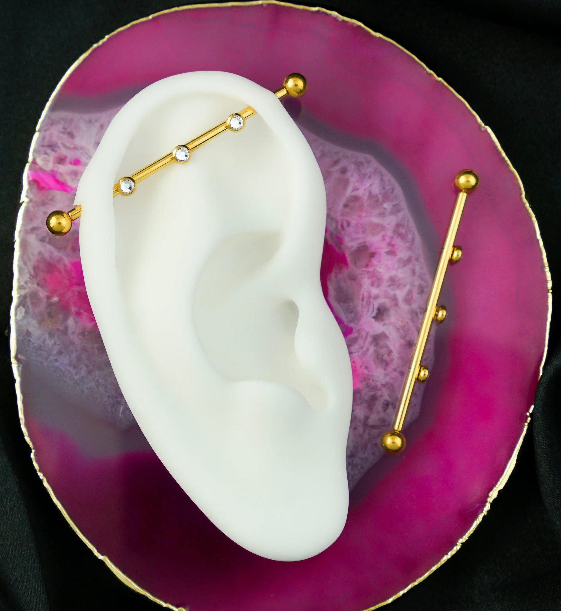 Gold PVD Triple Clear CZ Internally Threaded Titanium Industrial Barbell - Image 2