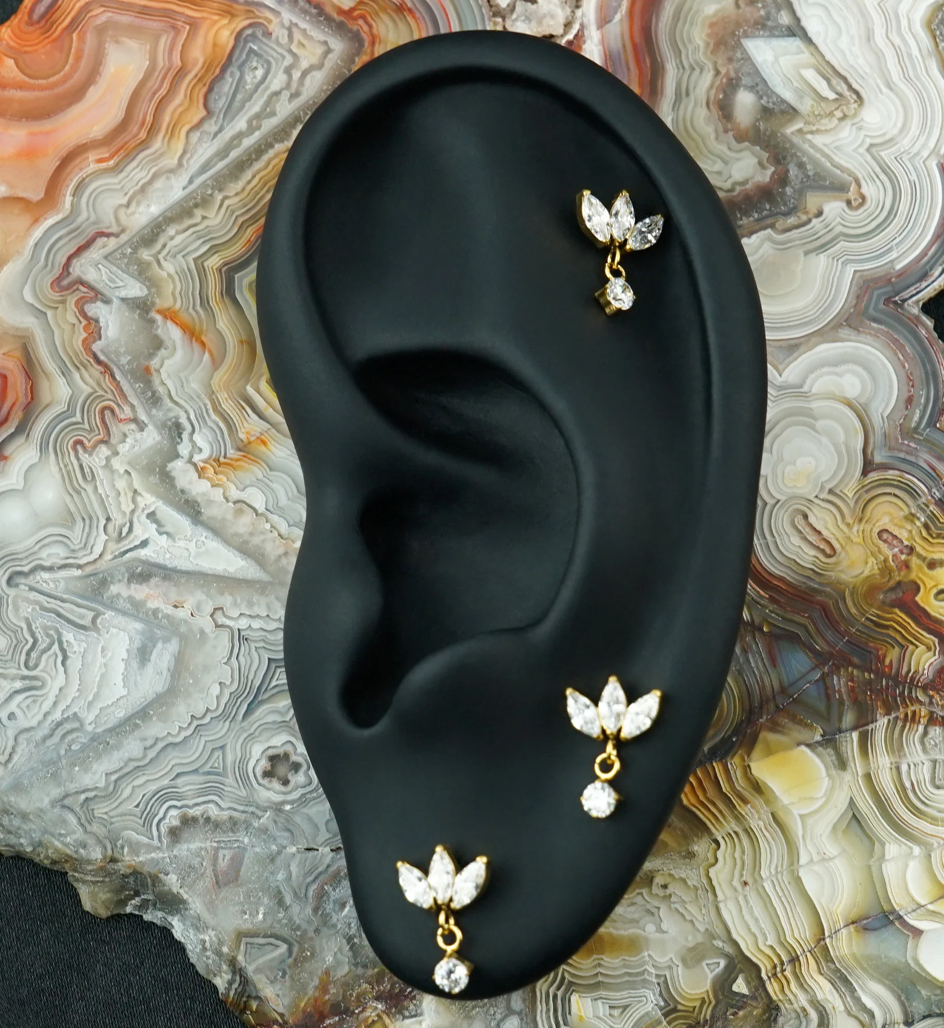 Gold PVD Triple Empress CZ Dangle Titanium Threadless Top - Image 2