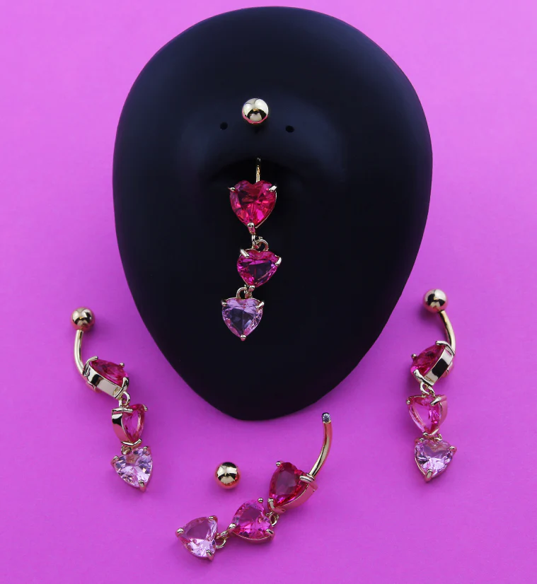 Gold PVD Triple Heart Pink CZ Dangle Stainless Steel Belly Button Ring - Image 2