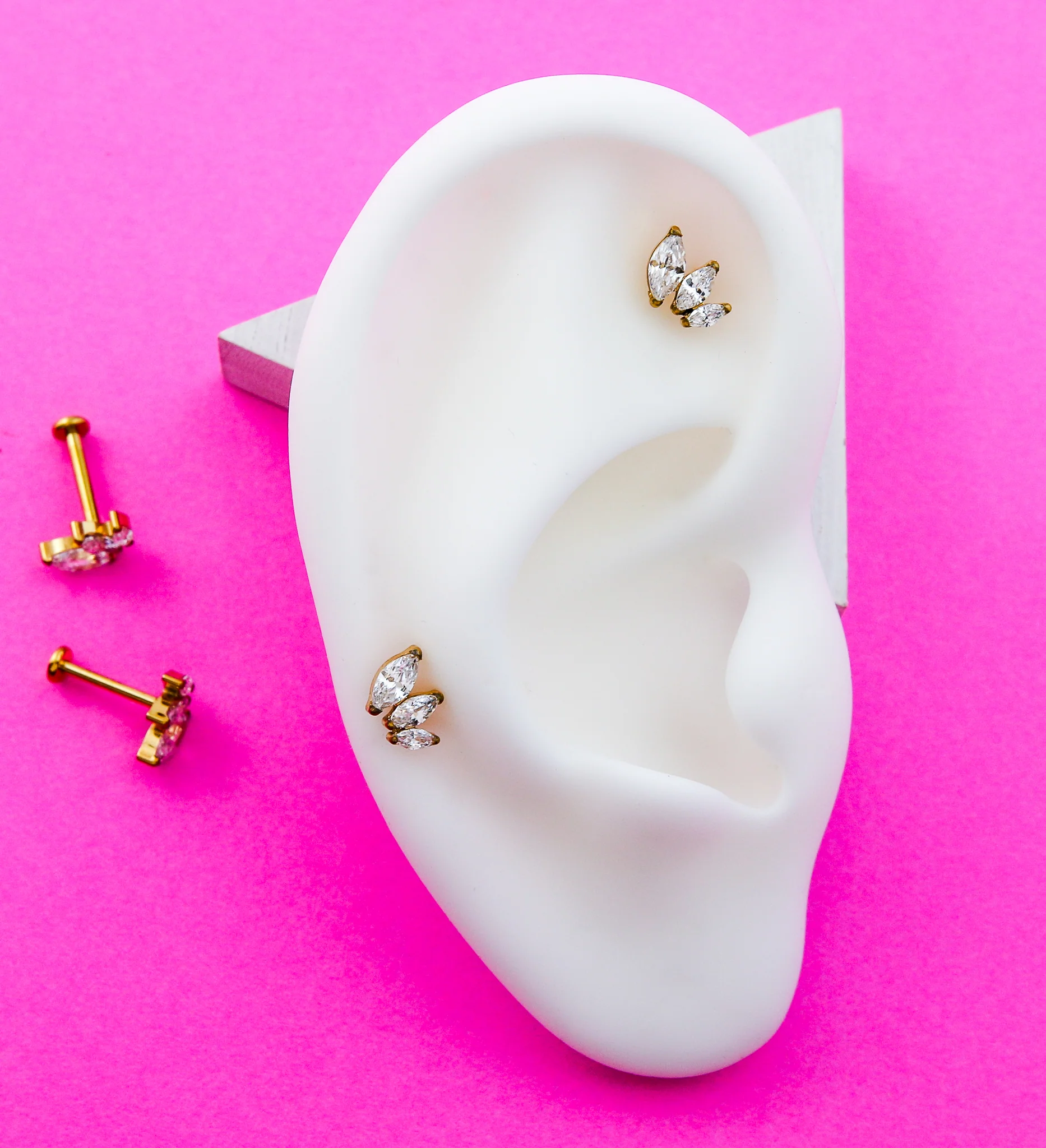 Gold PVD Triple Marquise Clear CZ Titanium Threadless Labret - Image 2