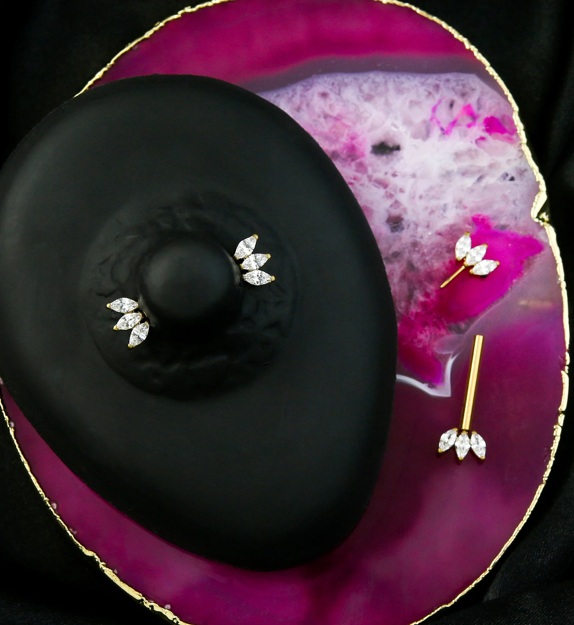 Gold PVD Triple Marquise CZ Threadless Titanium Nipple Barbell - Image 2