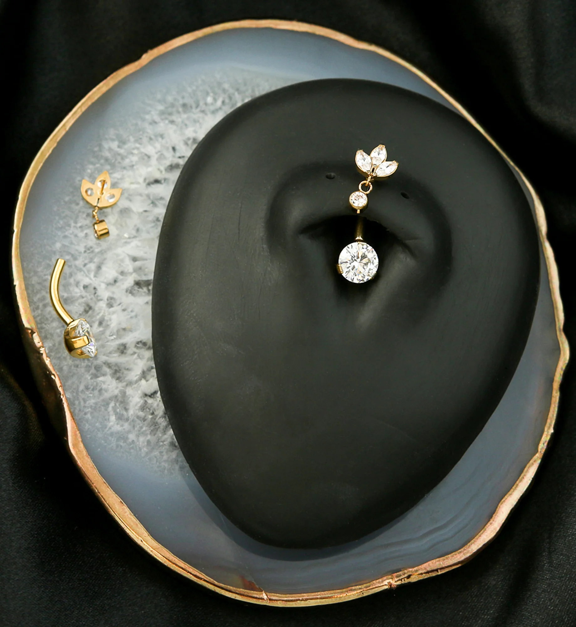 Gold PVD Triple Marquise Dangle Clear CZ Titanium Threadless Belly Button Ring - Image 2