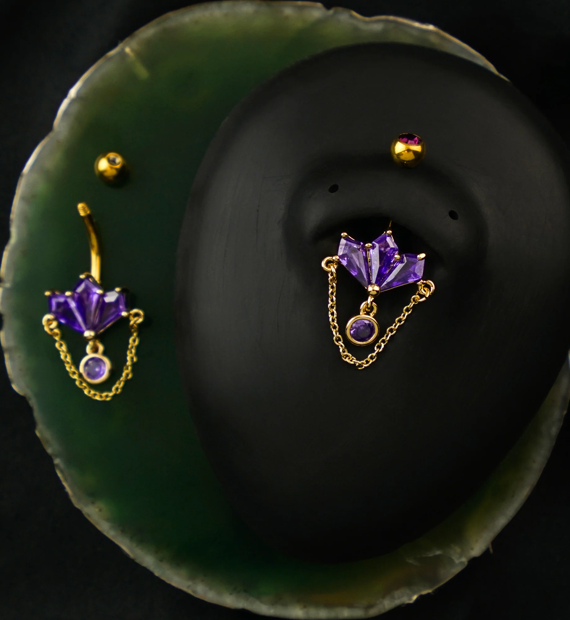 Gold PVD Triple Poly Amethyst CZ Dangle Chain Stainless Steel Belly Button Ring - Image 2