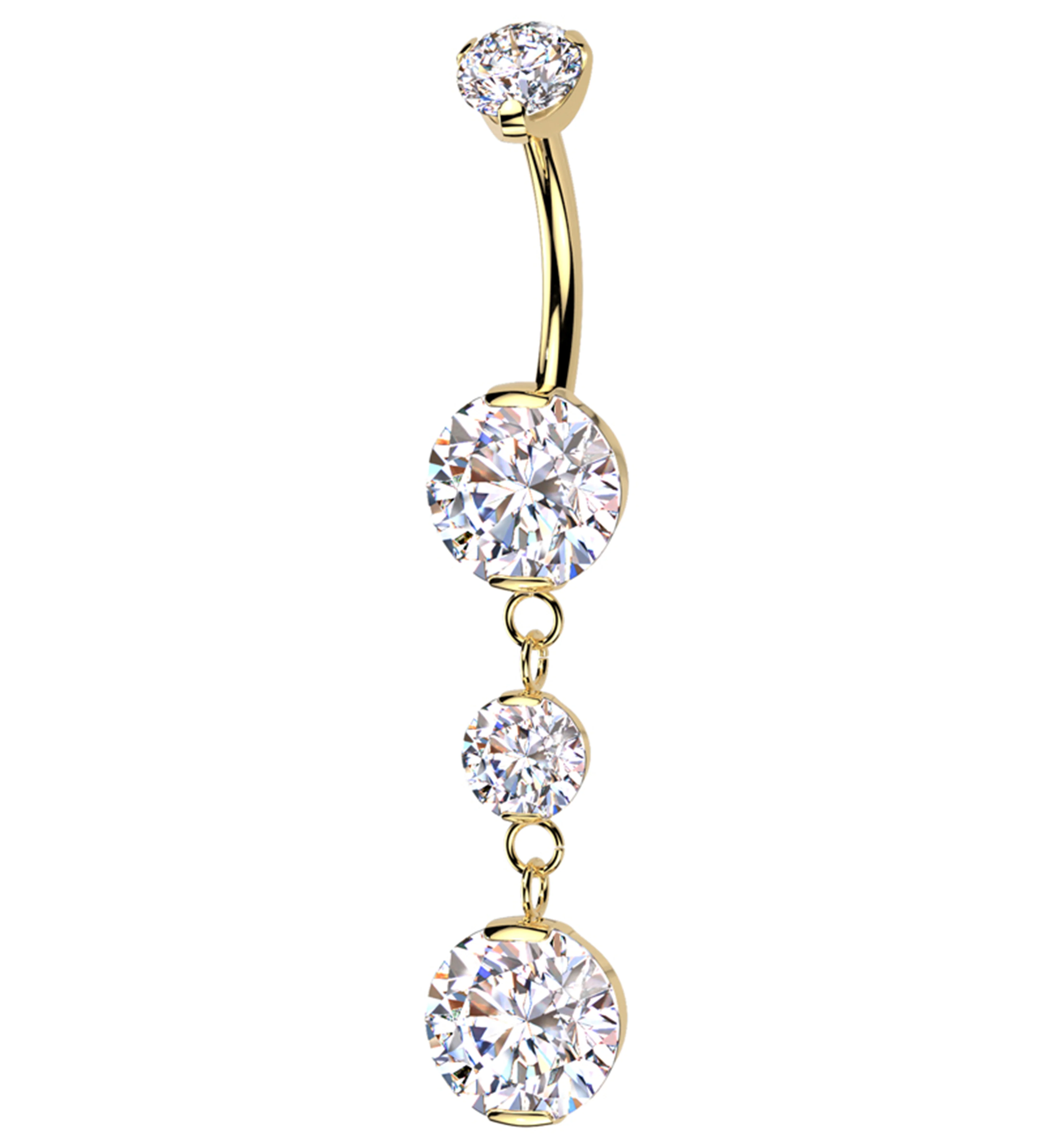 Gold PVD Triple Prong Clear CZ Dangle Titanium Internally Threaded Belly Button Ring