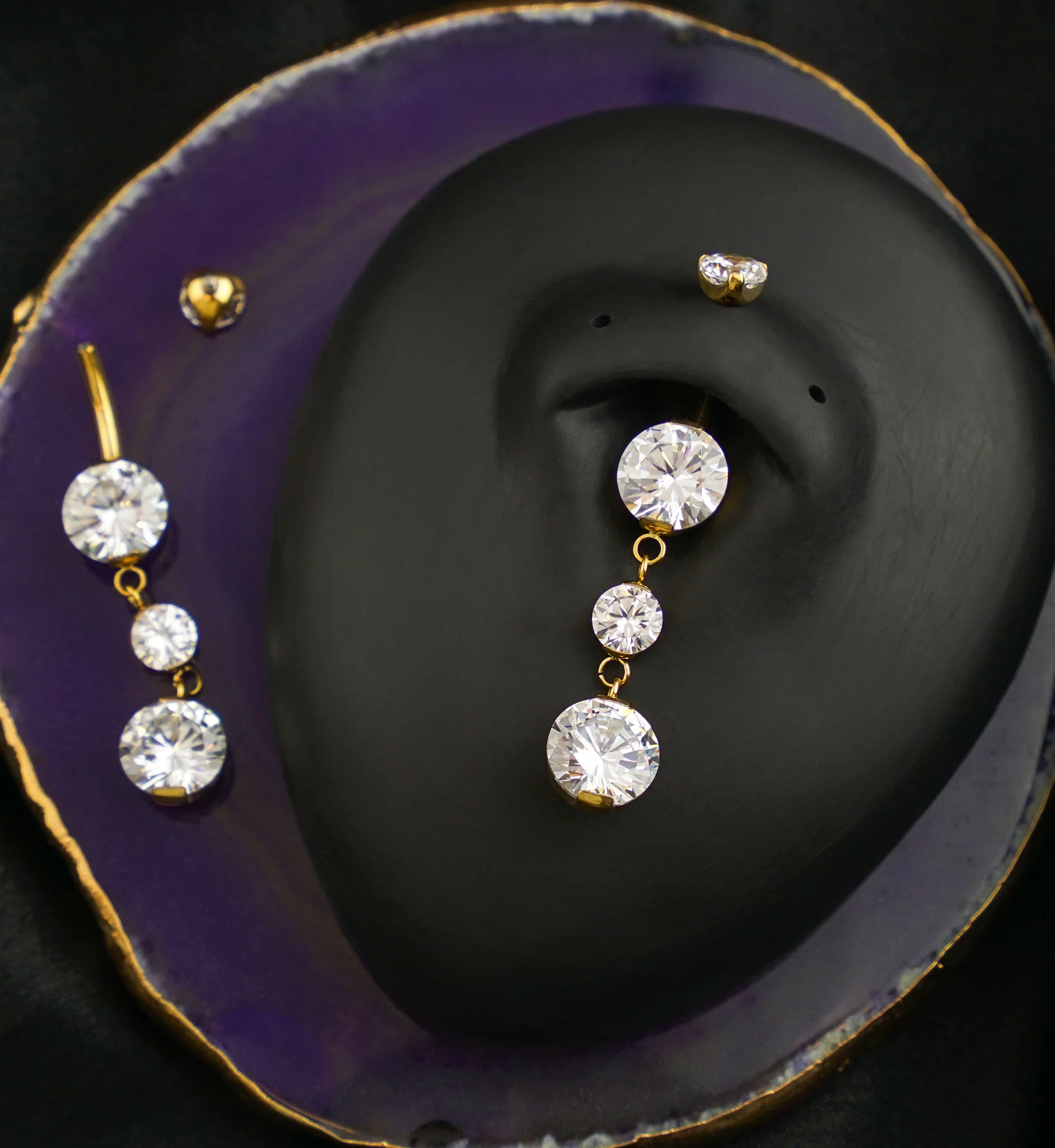 Gold PVD Triple Prong Clear CZ Dangle Titanium Internally Threaded Belly Button Ring - Image 2