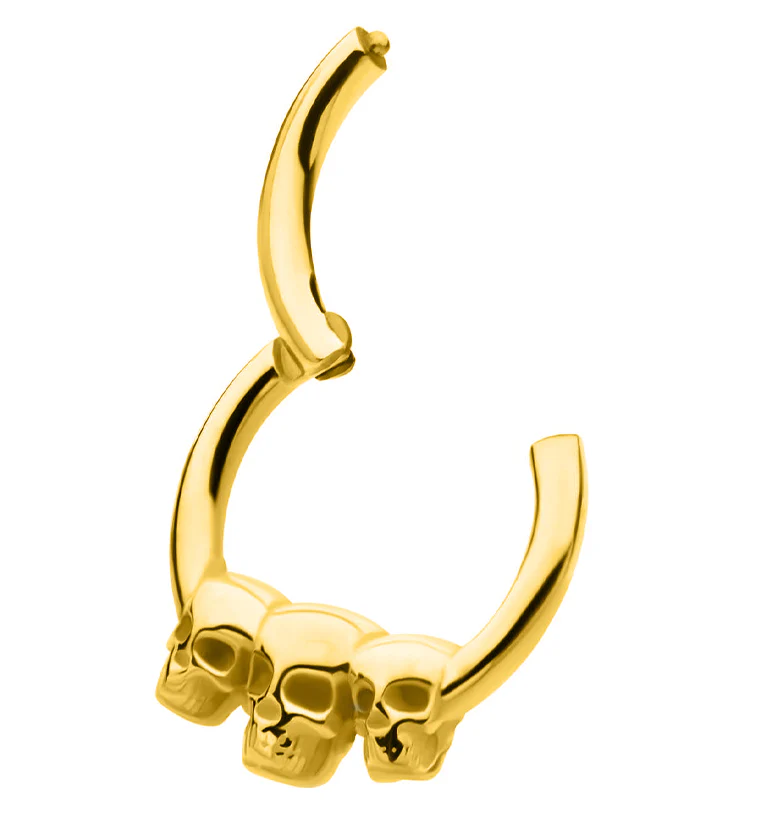 Gold PVD Triple Skull Stainless Steel Hinged Segment Ring - Image 3