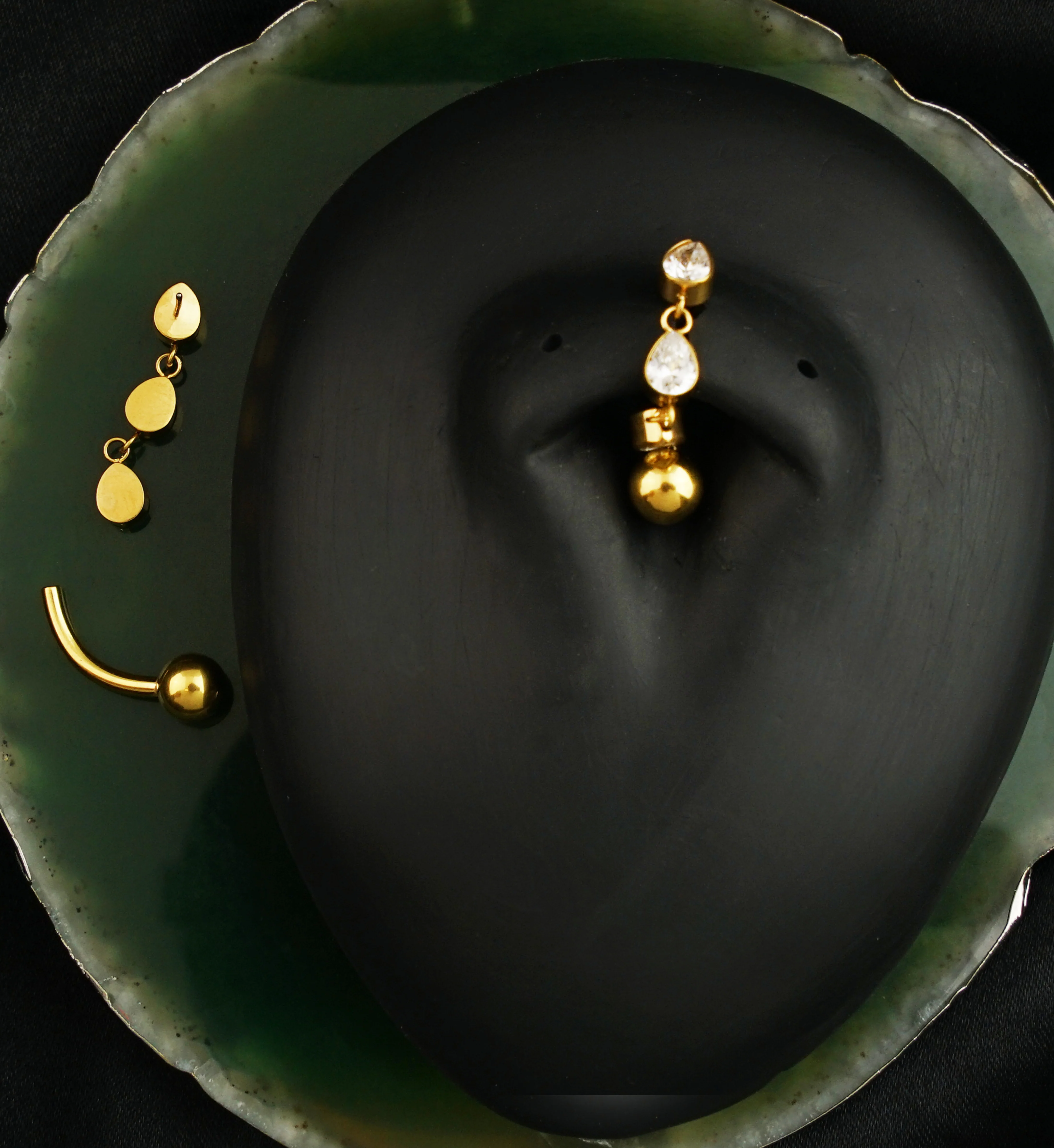 Gold PVD Triple Teardrop Dangle Clear CZ Titanium Threadless Belly Button Ring - Image 2