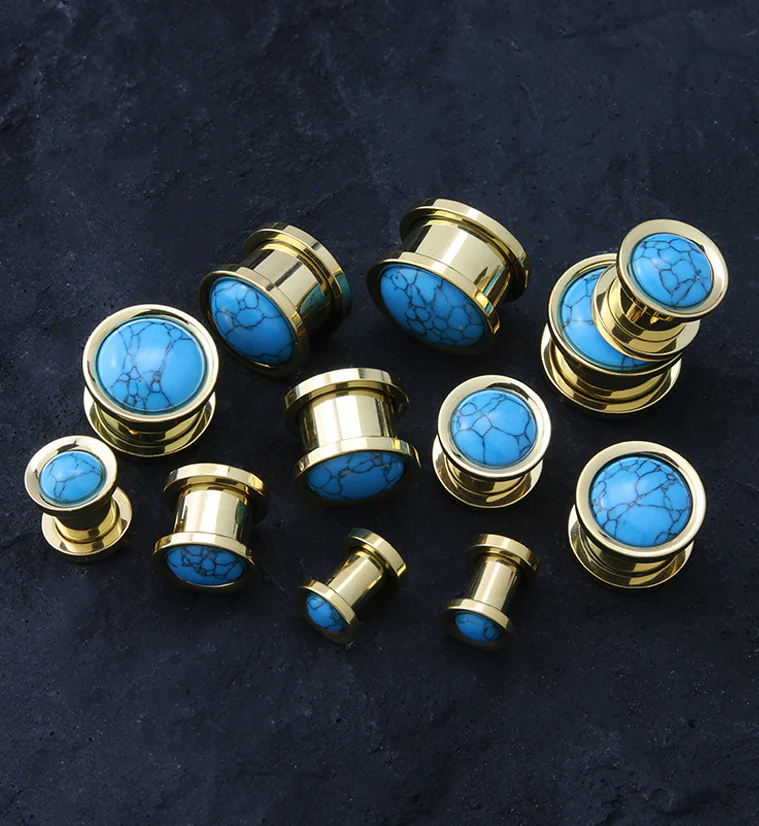 Gold PVD Howlite Turquoise Stone Stainless Steel Plugs - Image 3