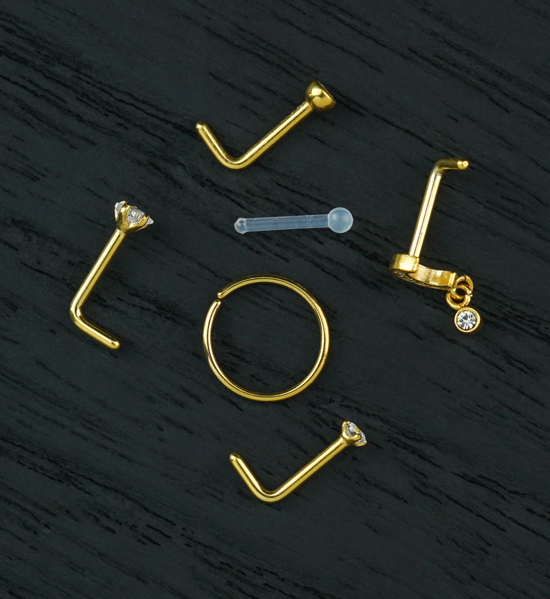 Gold PVD Twilight Dangle Clear CZ Stainless Steel L Bend/Stud/Hoop Variety Nose Ring Pack (6 Pc)