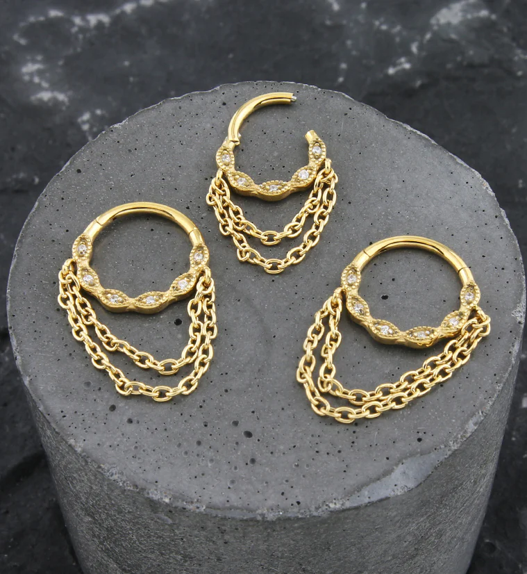 Gold PVD Twist Beaded CZ Double Dangle Chain Stainless Steel Hinged Segment Ring - Image 2