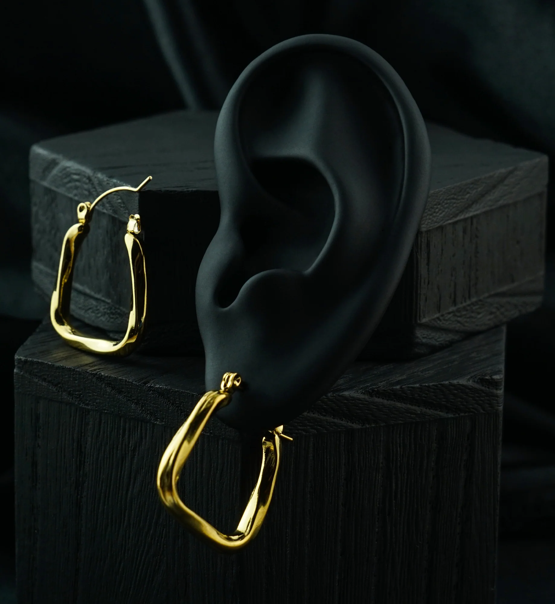 Gold PVD Twisted Square Stainless Steel Hinged Hoop Dangle Earrings - Image 2